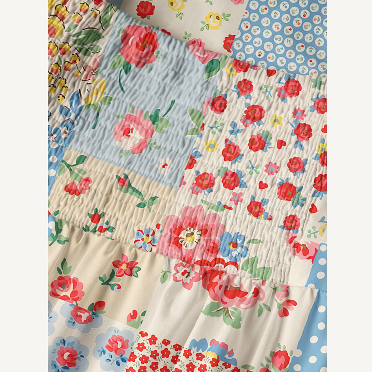 Square Neck Pastel Patc Print Cotton Wide Straps Maxi Dress With Pockets
