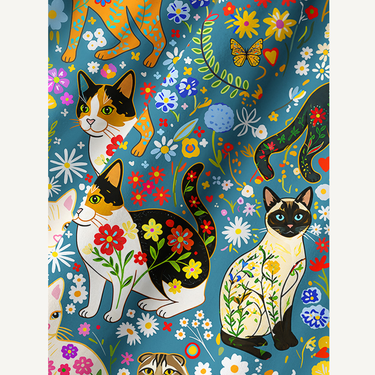 Colorful Garden Cat Pattern Print Cotton Wide Straps Maxi Dress With Pockets