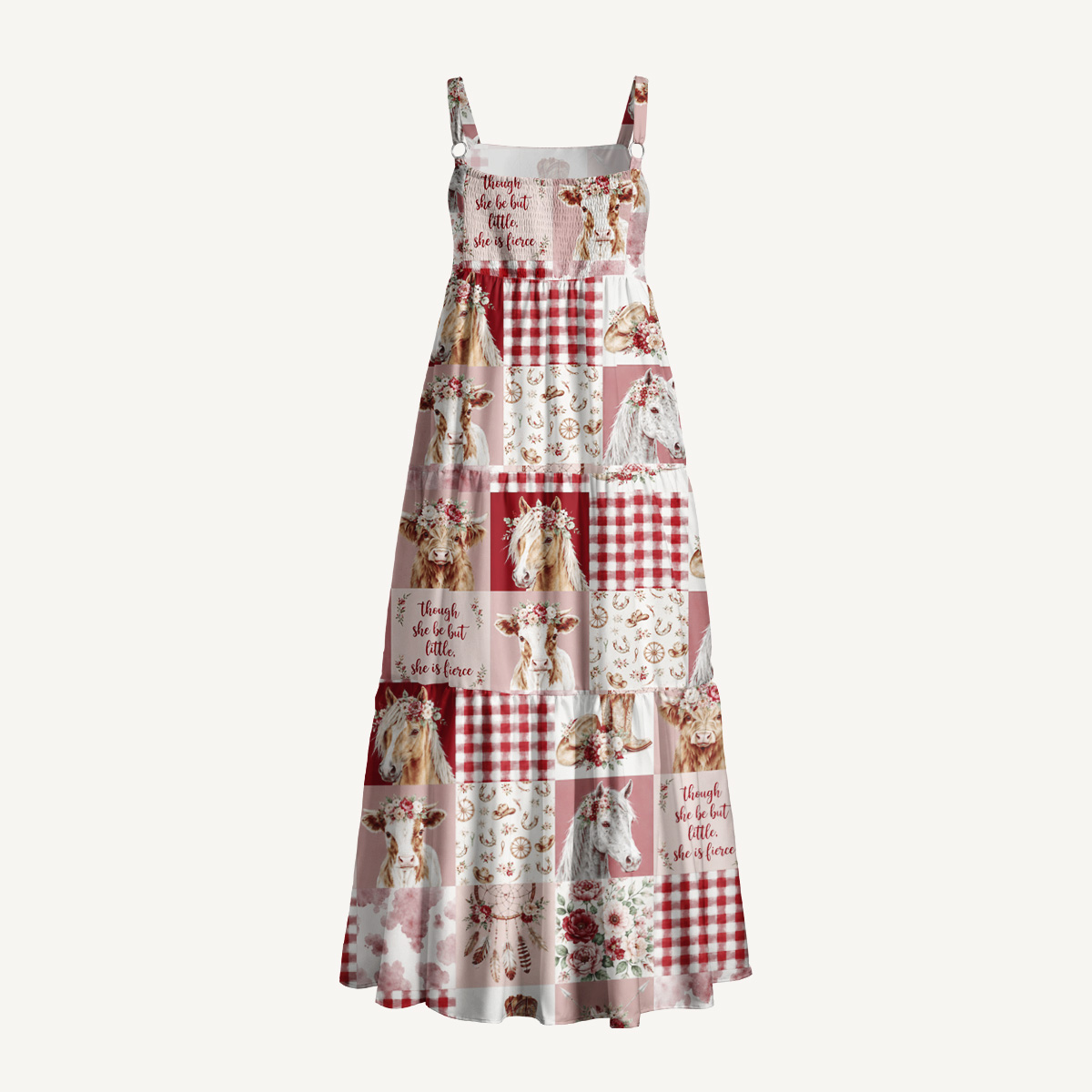 Vintage Western Farm Quilt Pattern Print Wide Straps Maxi Dress With Pockets