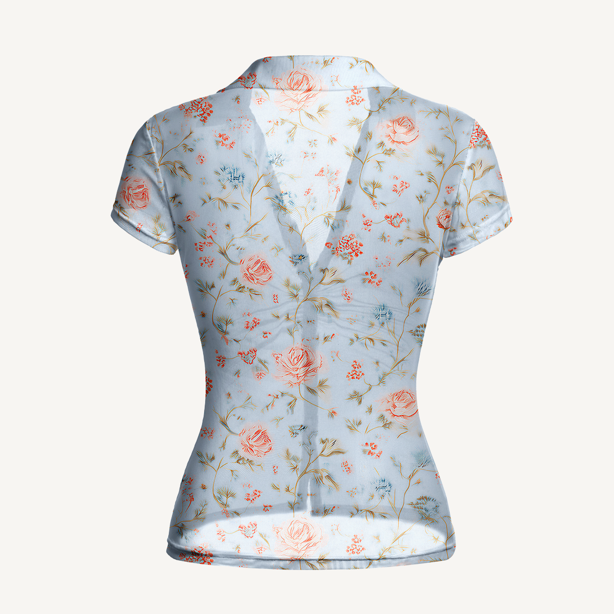 V-Neck Short Sleeve Rosabelle Bloom Print Mesh Top