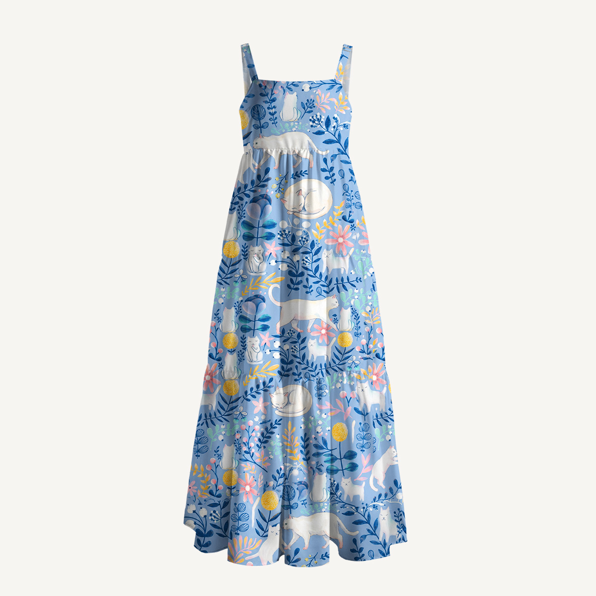 Square Neck Blue Leaf Cat Print Slip Dress