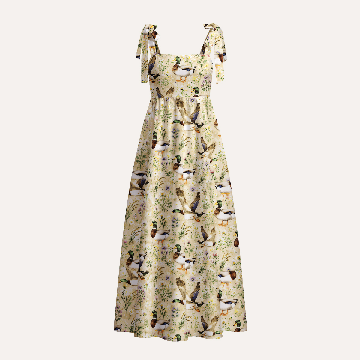 Watercolor Mallard Ducks Print Bow Strap Maxi Dress