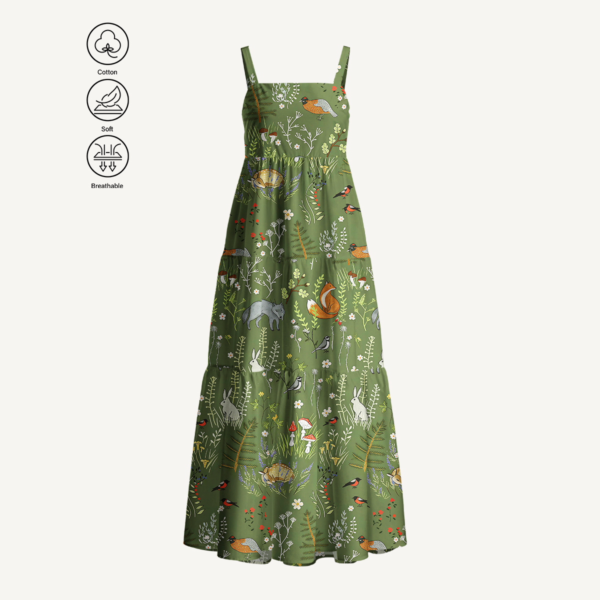 Whimsical Woodland Animals Print Cotton Wide Straps Maxi Dress With Pockets