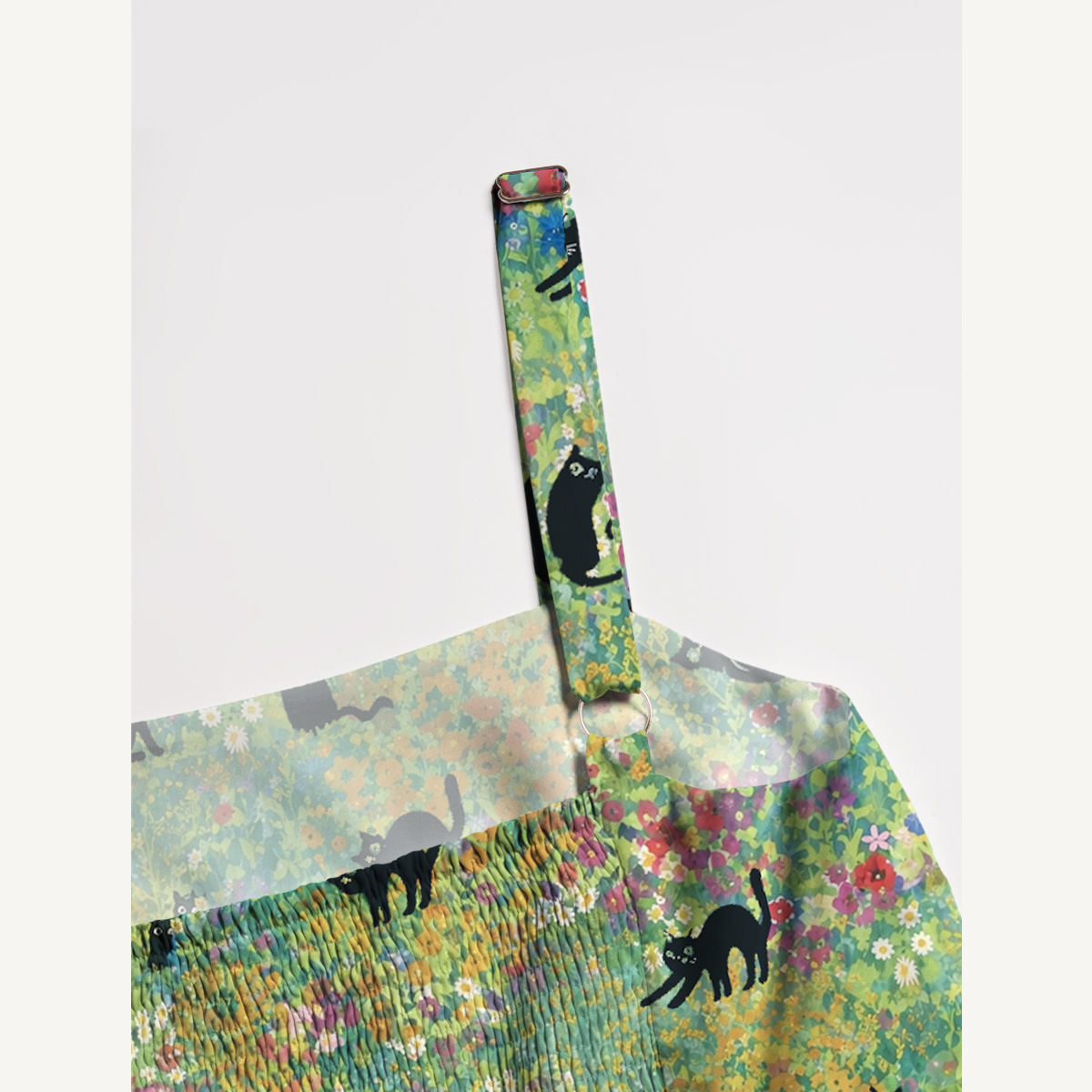 Square Neck Wildflower Garden Black Cat Print Slip Dress