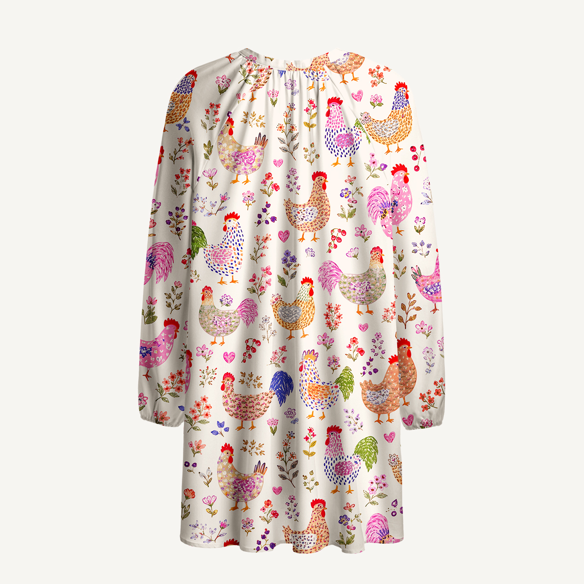 Colorful Farm Chickens Print Boho Tie‑Neck Smock Mini Dress