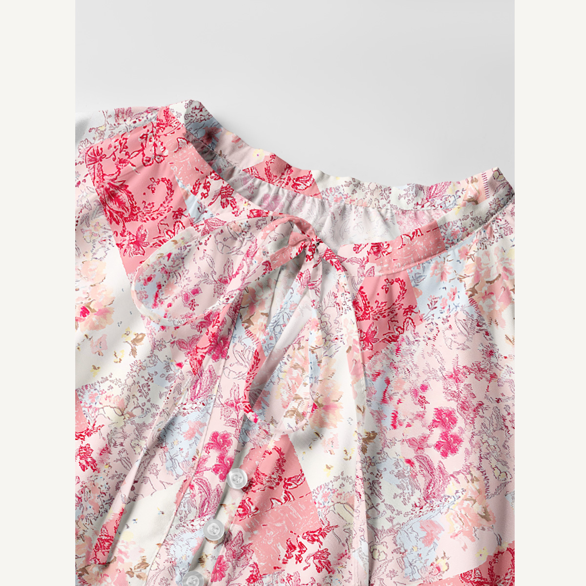 Shabby Chic Floral Patchwork Print Boho Tie‑Neck Smock Mini Dress
