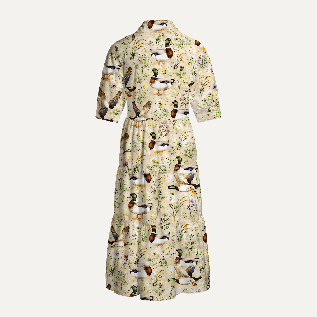Watercolor Mallard Ducks Print Casual Midi Dress With Pockets