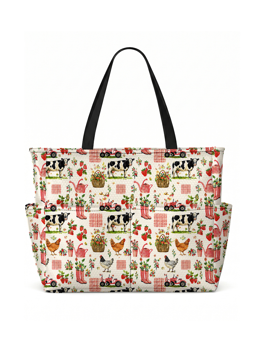 Watercolor Pink Farm Chicken Cow Print Tote Bag