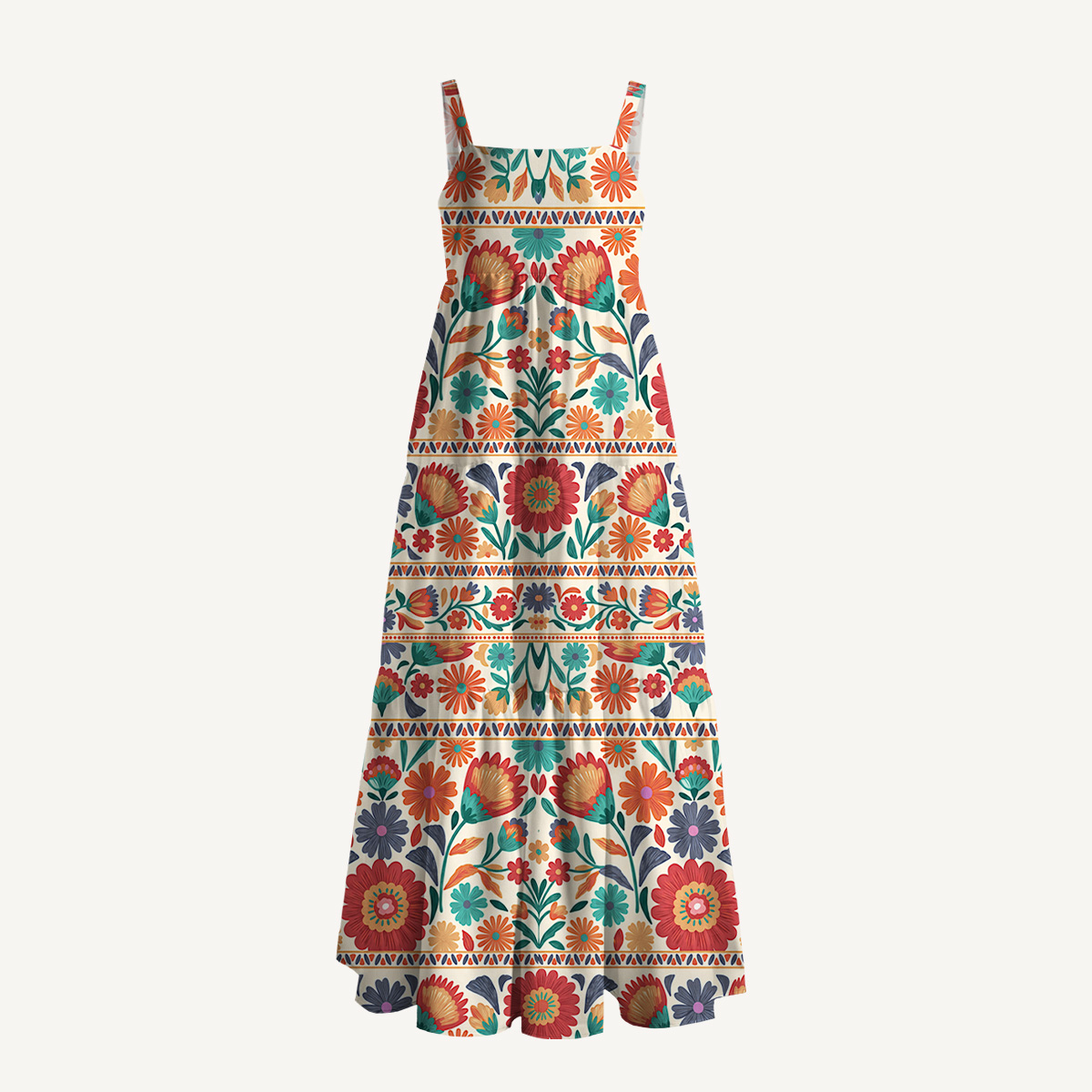 Square Neck Bohemian Folk Floral Stripe Print Slip Dress