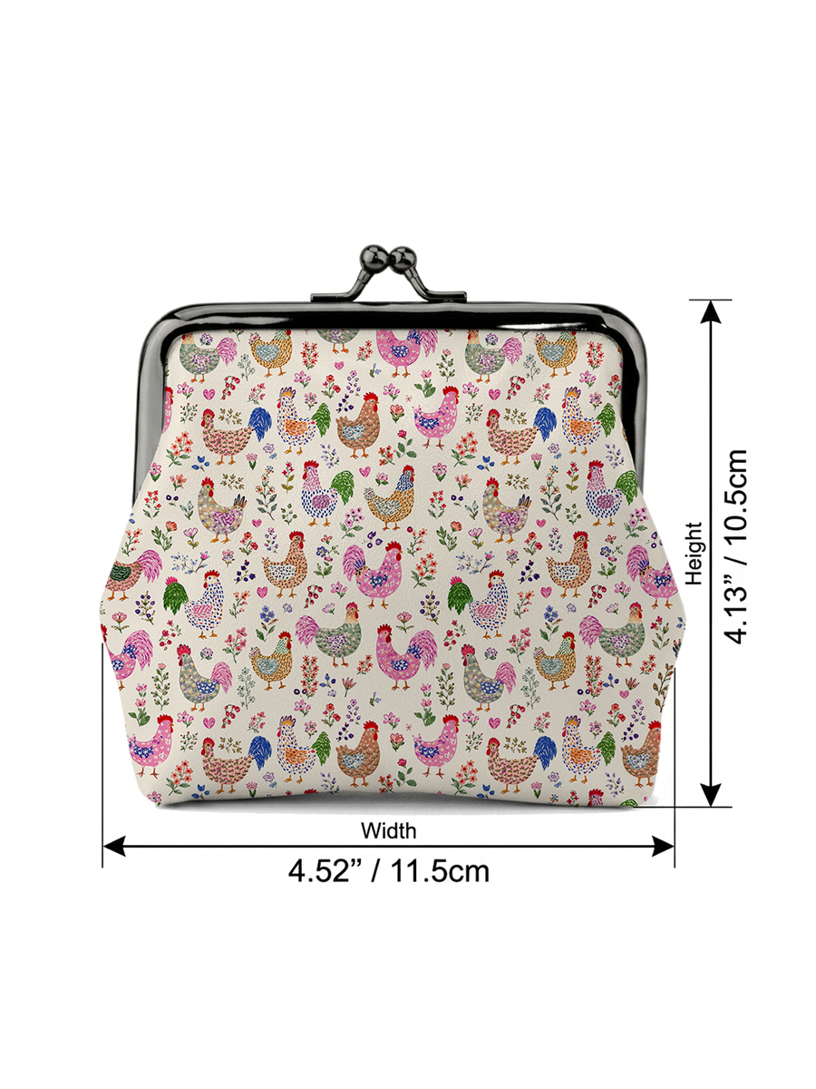 Colorful Farm Chickens Print Leather Mini Clasp Purse