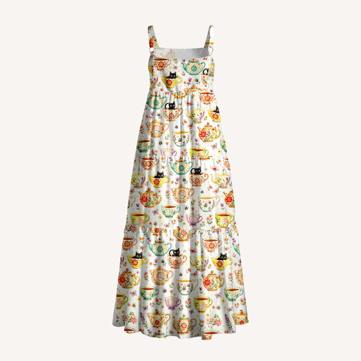 Whimsical Floral Teacup Cat Print Wide Straps Maxi Dress With Pockets