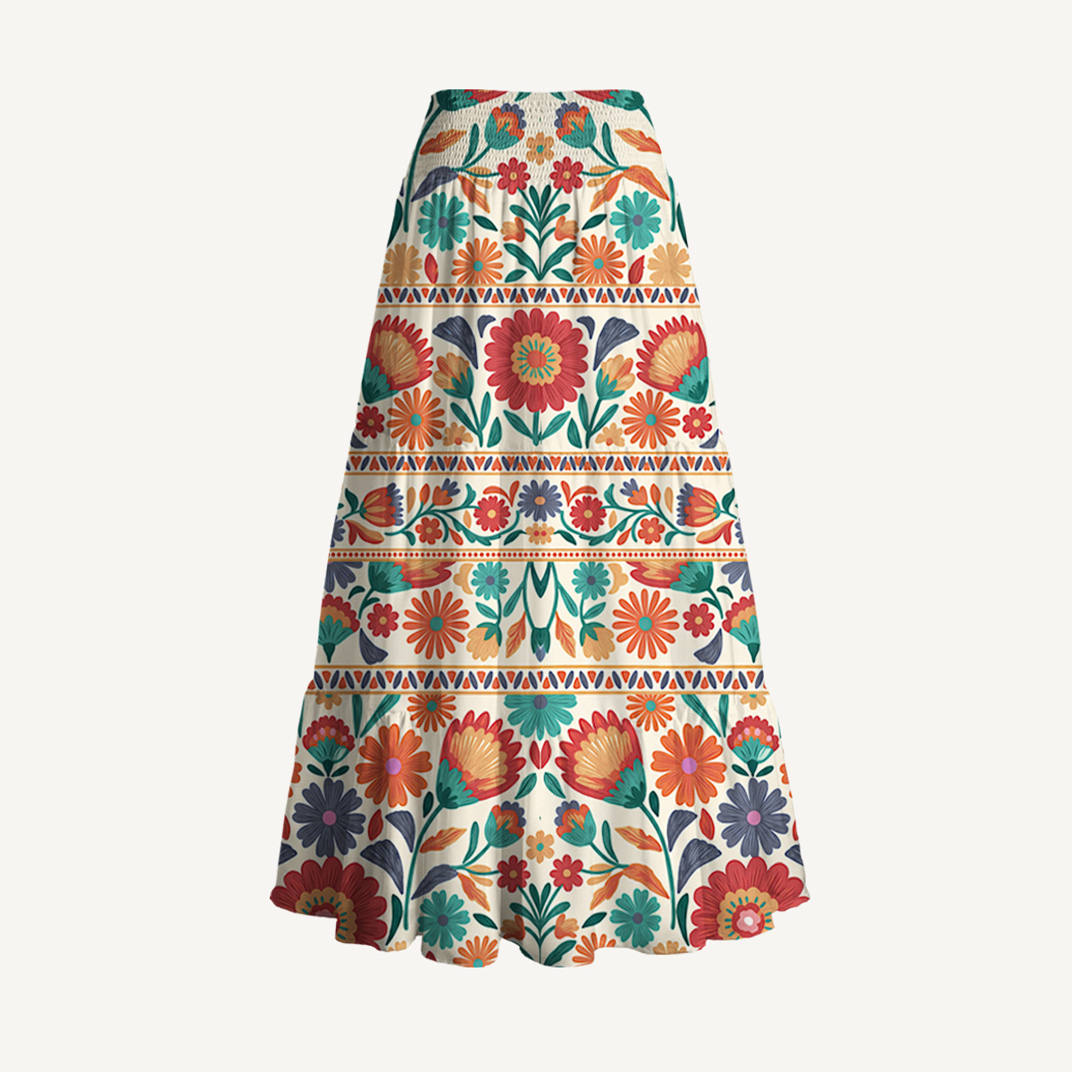 Bohemian Folk Floral Stripe Print Maxi Skirt