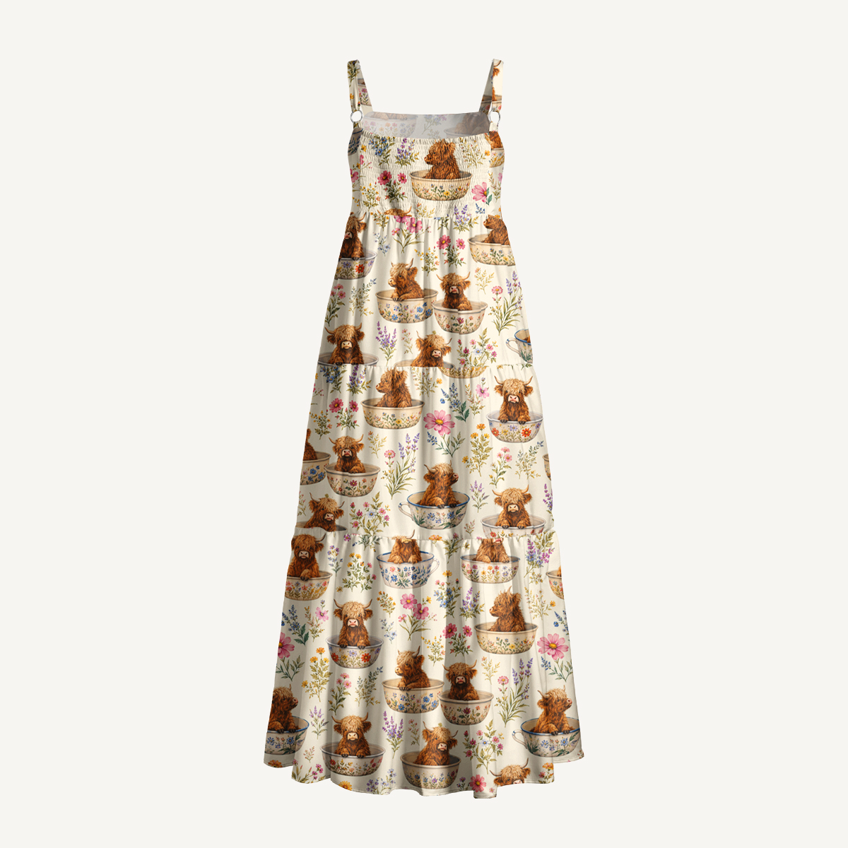 Highland Cow Teacup Floral Print Wide Straps Maxi Dress With Pockets