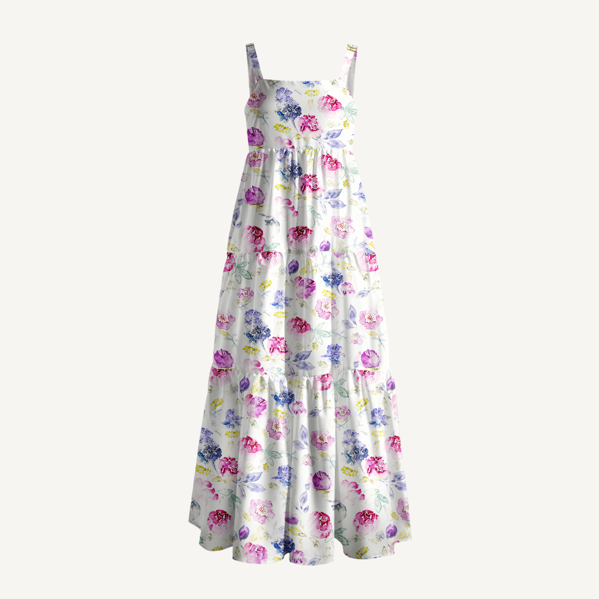 Soft Vintage Bloom Watercolor Print Wide Straps Maxi Dress With Pockets