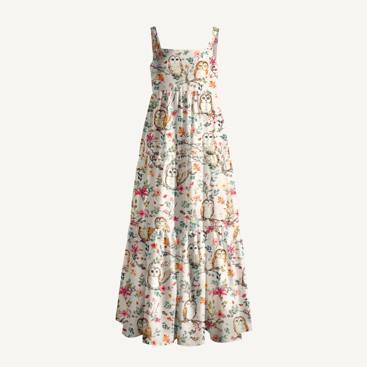 Forest Owls Print Wide Straps Maxi Dress With Pockets