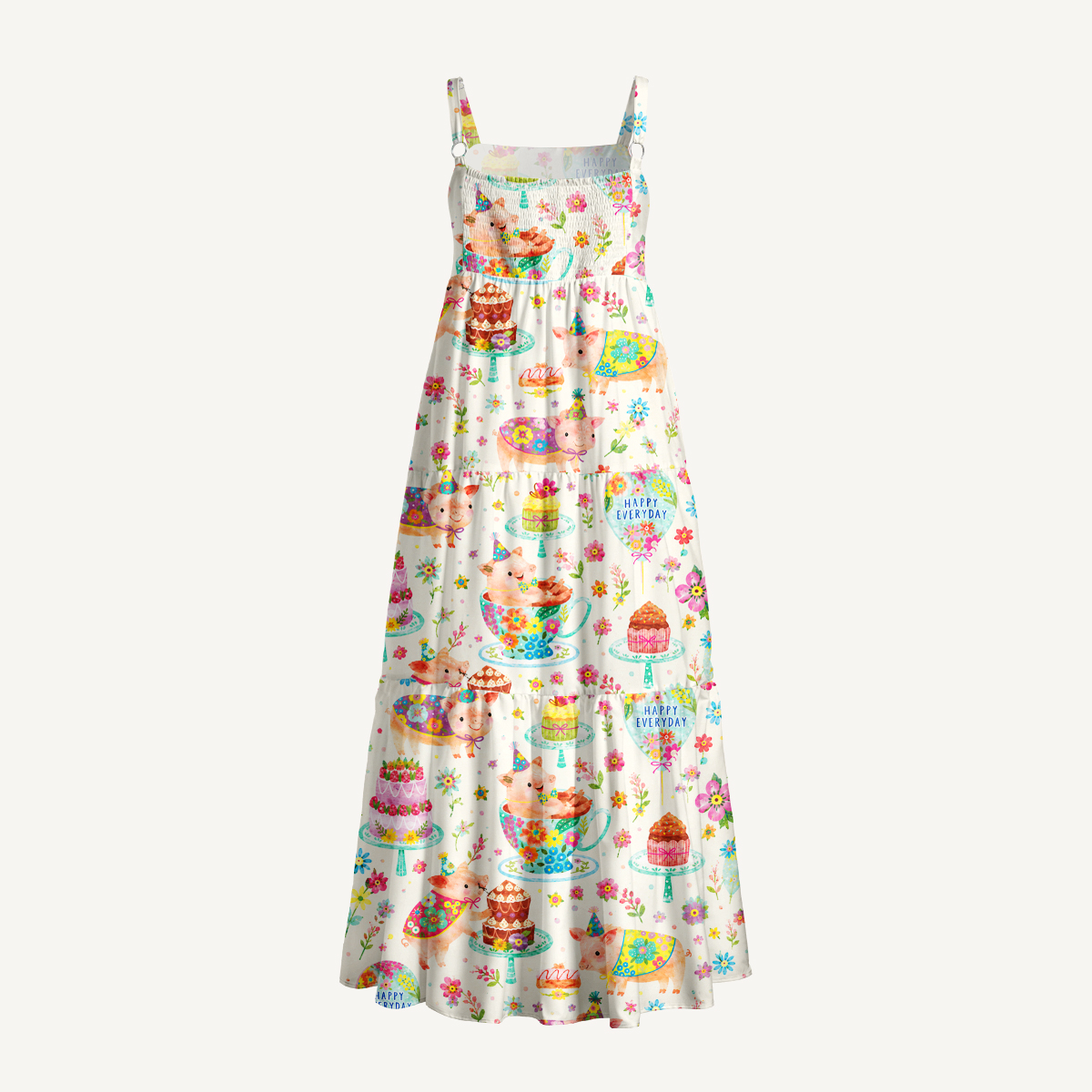 Piggies Happy Everyday Print Wide Straps Maxi Dress With Pockets