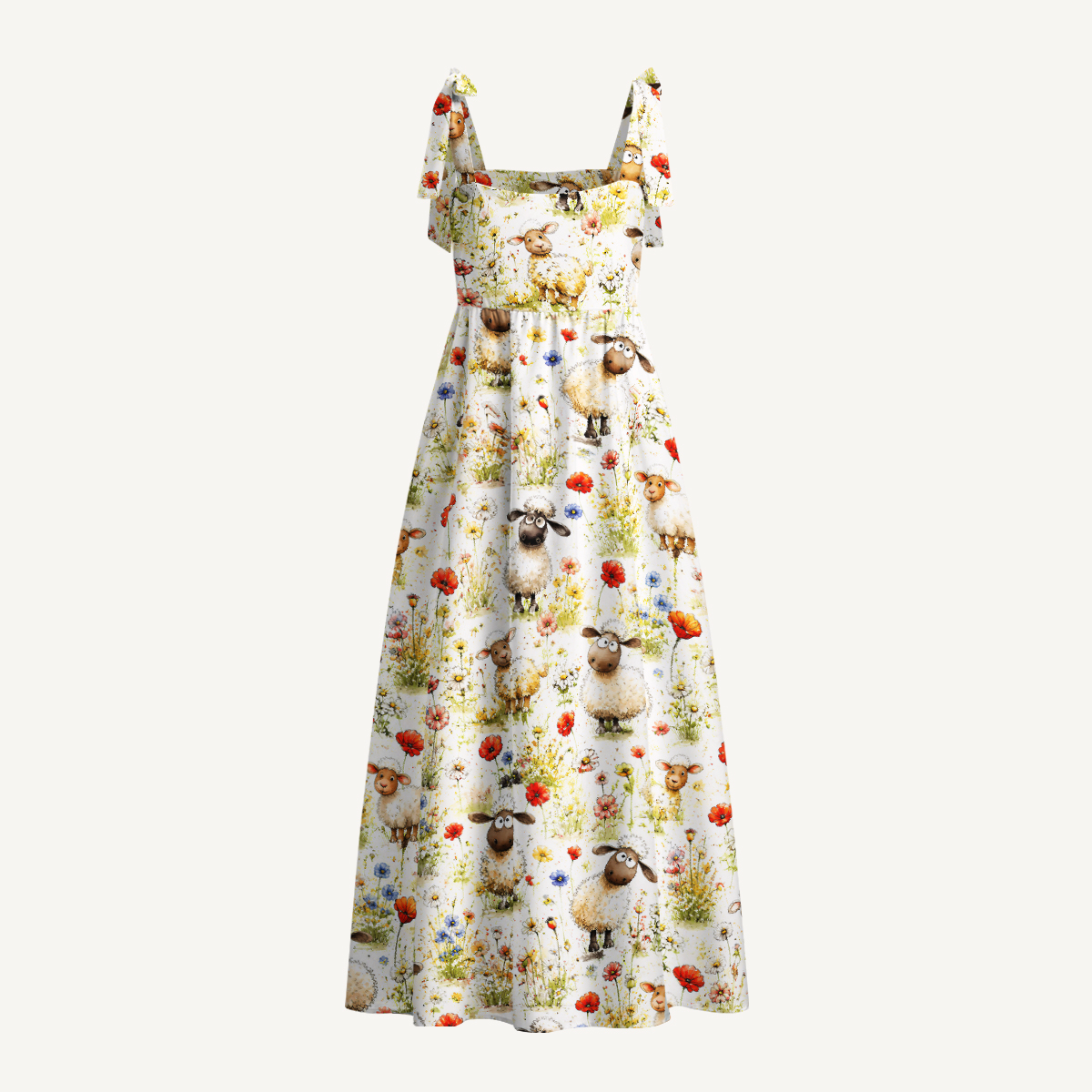 Whimsical Sheep Clipart Print Bow Strap Maxi Dress