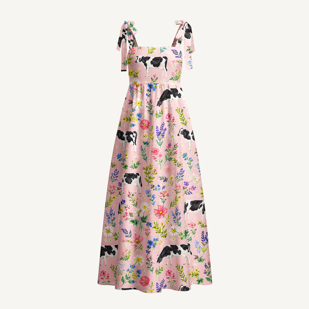 Holstein Cattle Cow Farm Animal Floral Pink Print Bow Strap Maxi Dress