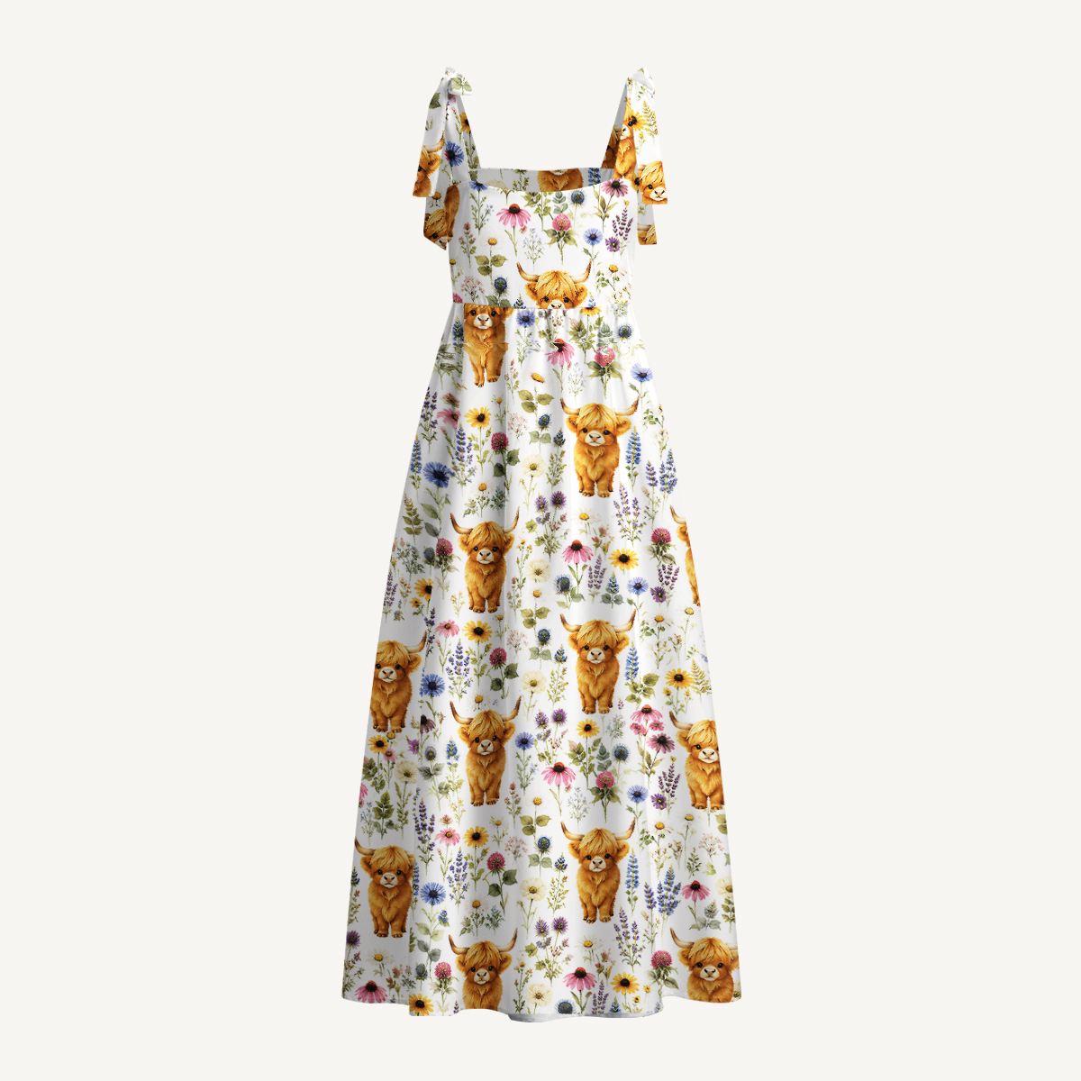  Farm Animal Boho Highland Cow Print Bow Strap Maxi Dress