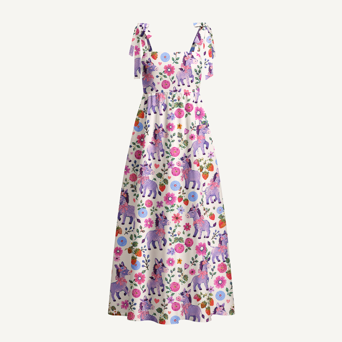 Strawberry Blossom Donkeys Print Bow Strap Maxi Dress