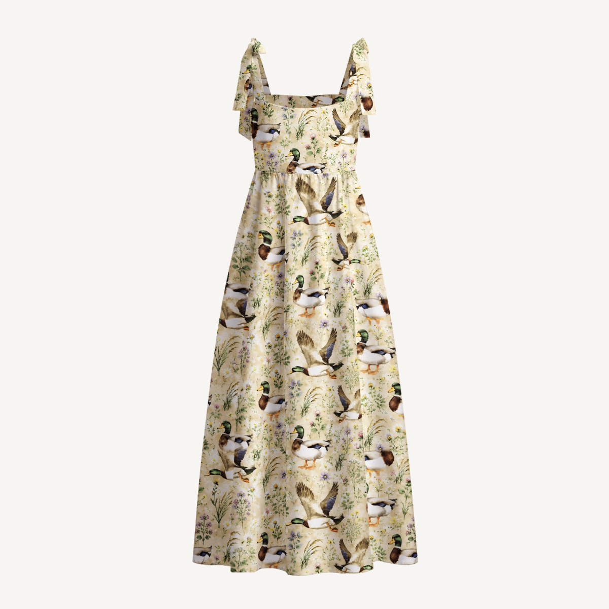 Watercolor Mallard Ducks Print Bow Strap Maxi Dress