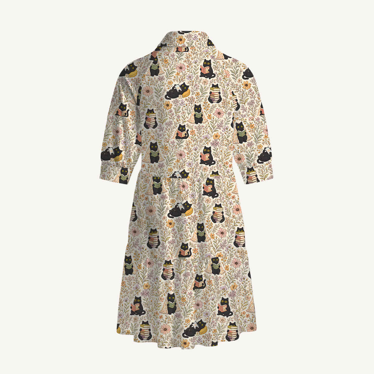 V Neck Collared Books Blooms and Black Cats Mini Dress For Women With Pockets