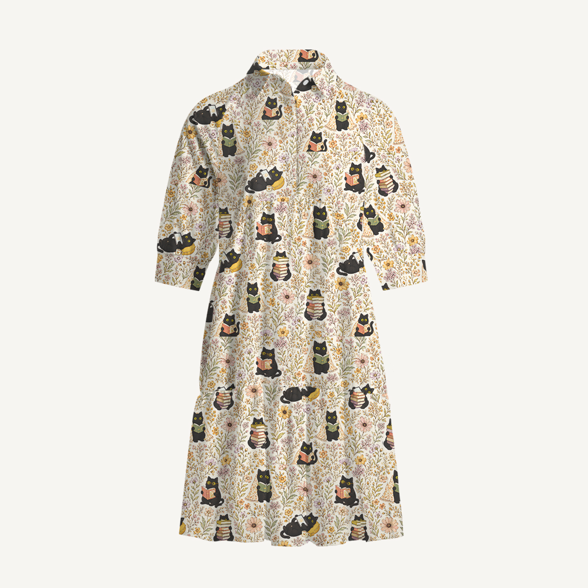 V Neck Collared Books Blooms and Black Cats Mini Dress For Women With Pockets