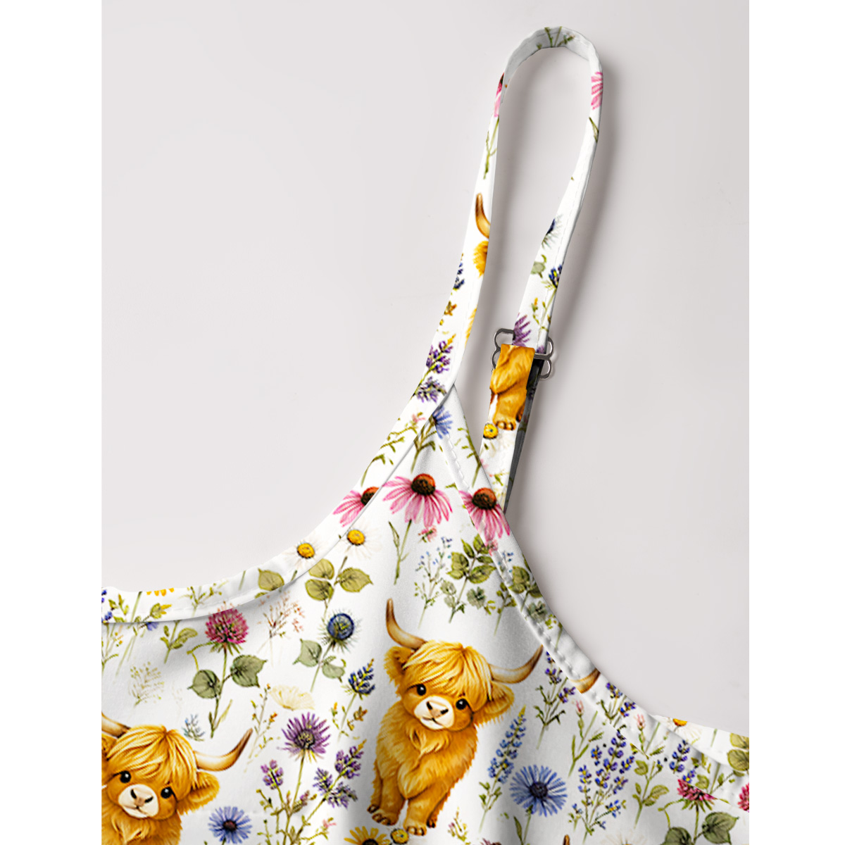 Farm Animal Boho Highland Cow Print Spaghetti Strap Mini Dress
