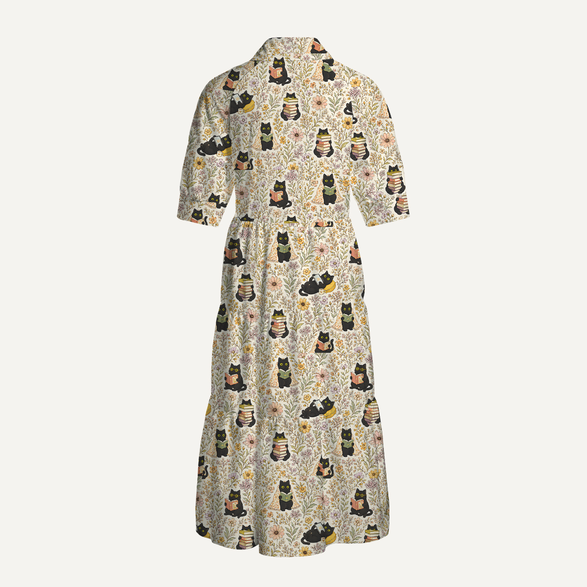 Books Blooms and Black Cats Print Casual Midi Dress With Pockets