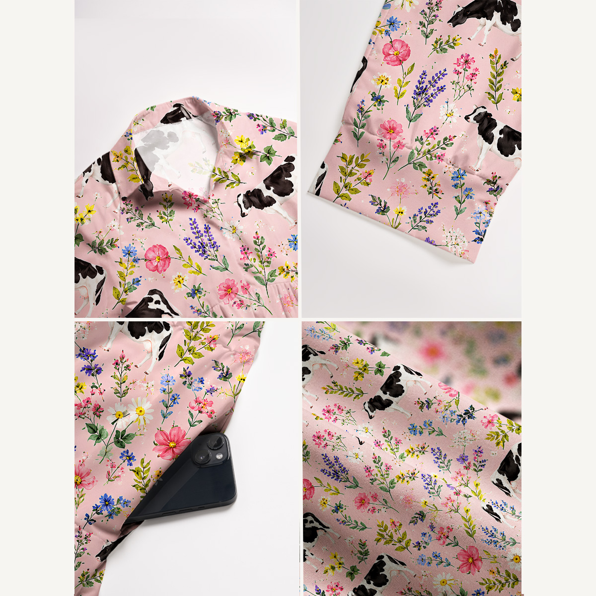 Holstein Cattle Cow Farm Animal Floral Pink Print Casual Midi Dress With Pockets