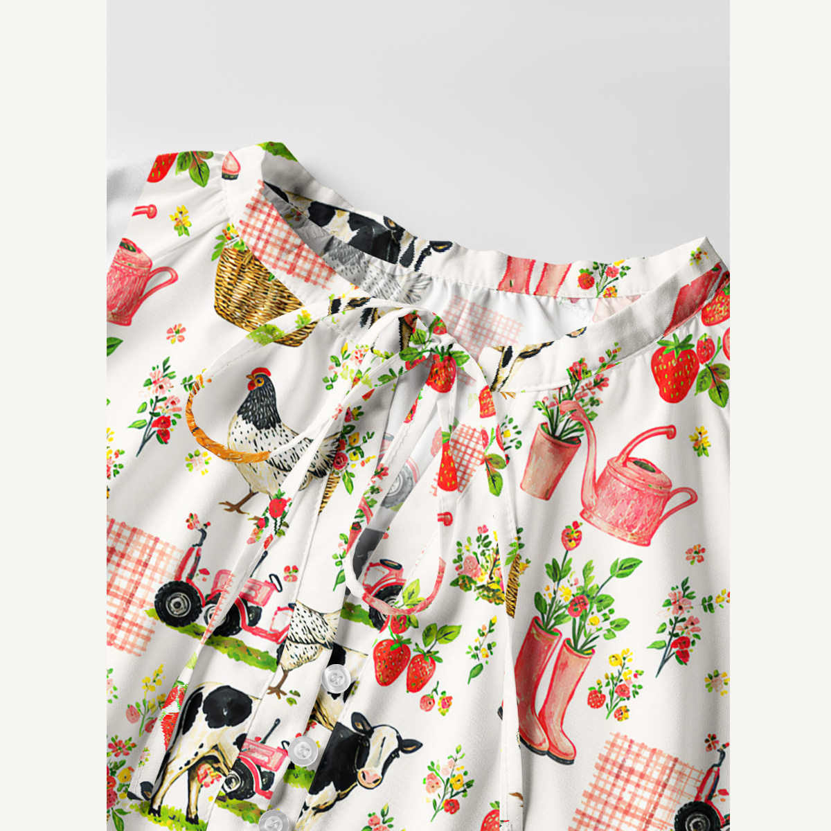 Watercolor Pink Farm Chicken Print Boho Tie‑Neck Smock Mini Dress