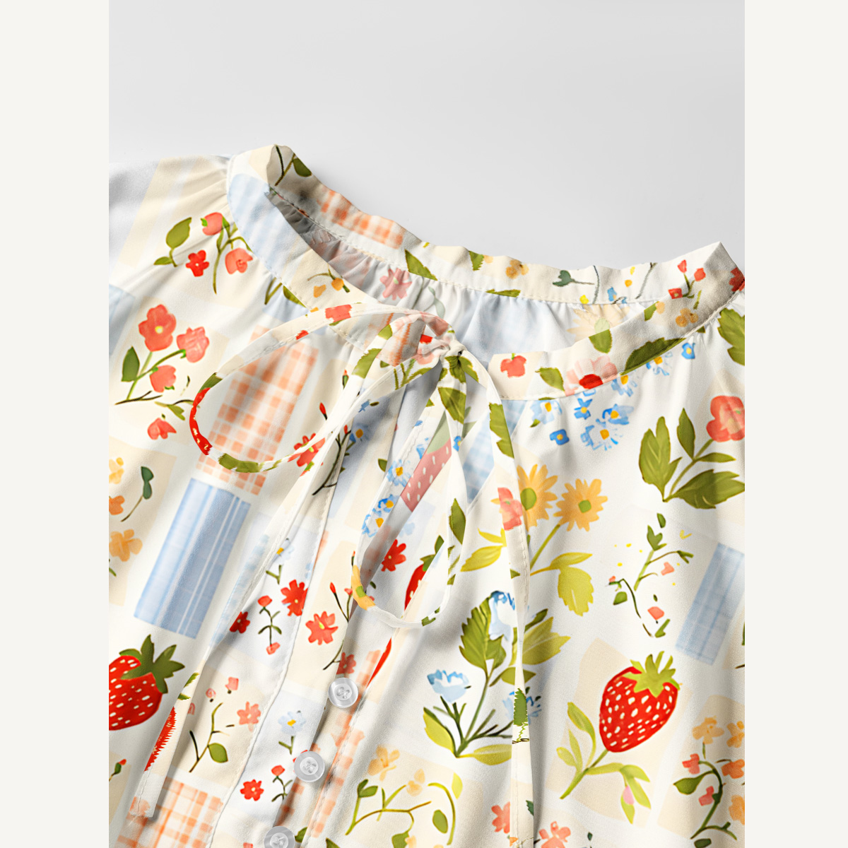 Strawberry Garden Patchwork Print Boho Tie‑Neck Smock Mini Dress