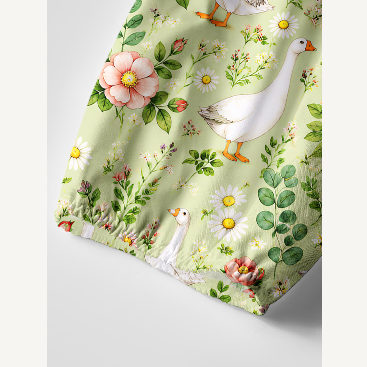 Pastoral Goose Garden Print Boho Tie‑Neck Smock Mini Dress