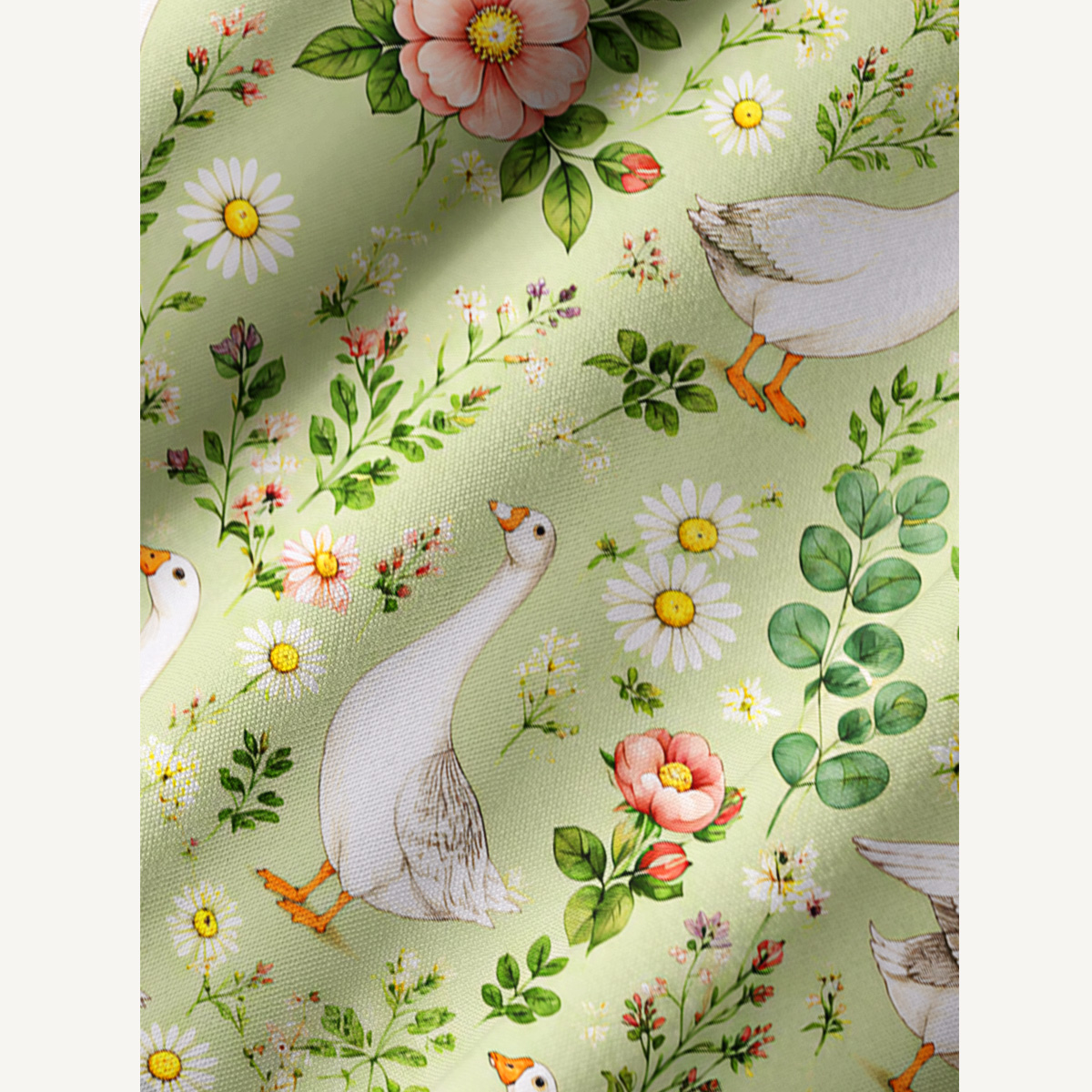 Pastoral Goose Garden Print Boho Tie‑Neck Smock Mini Dress