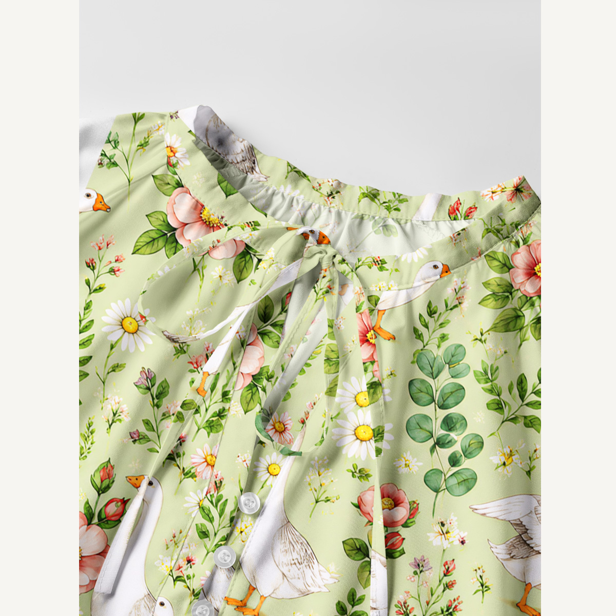 Pastoral Goose Garden Print Boho Tie‑Neck Smock Mini Dress