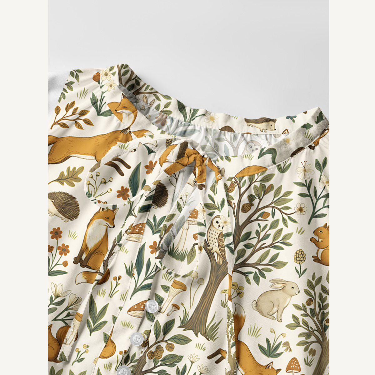 Woodland Creatures Print Boho Tie‑Neck Smock Mini Dress