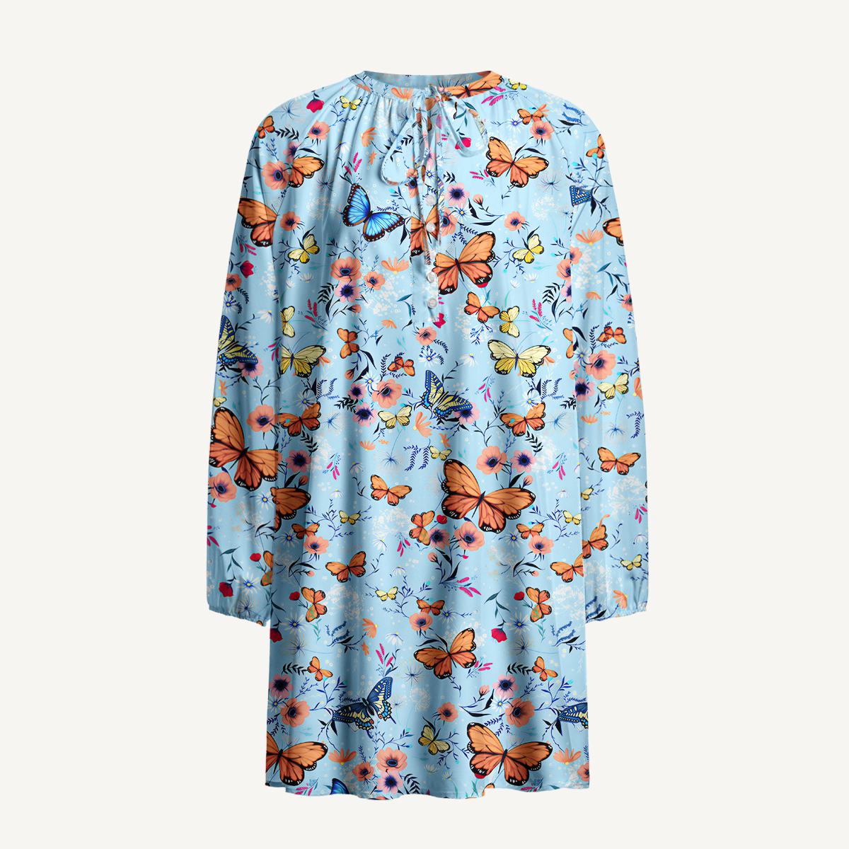 Butterfly Blossom Print Boho Tie‑Neck Smock Mini Dress