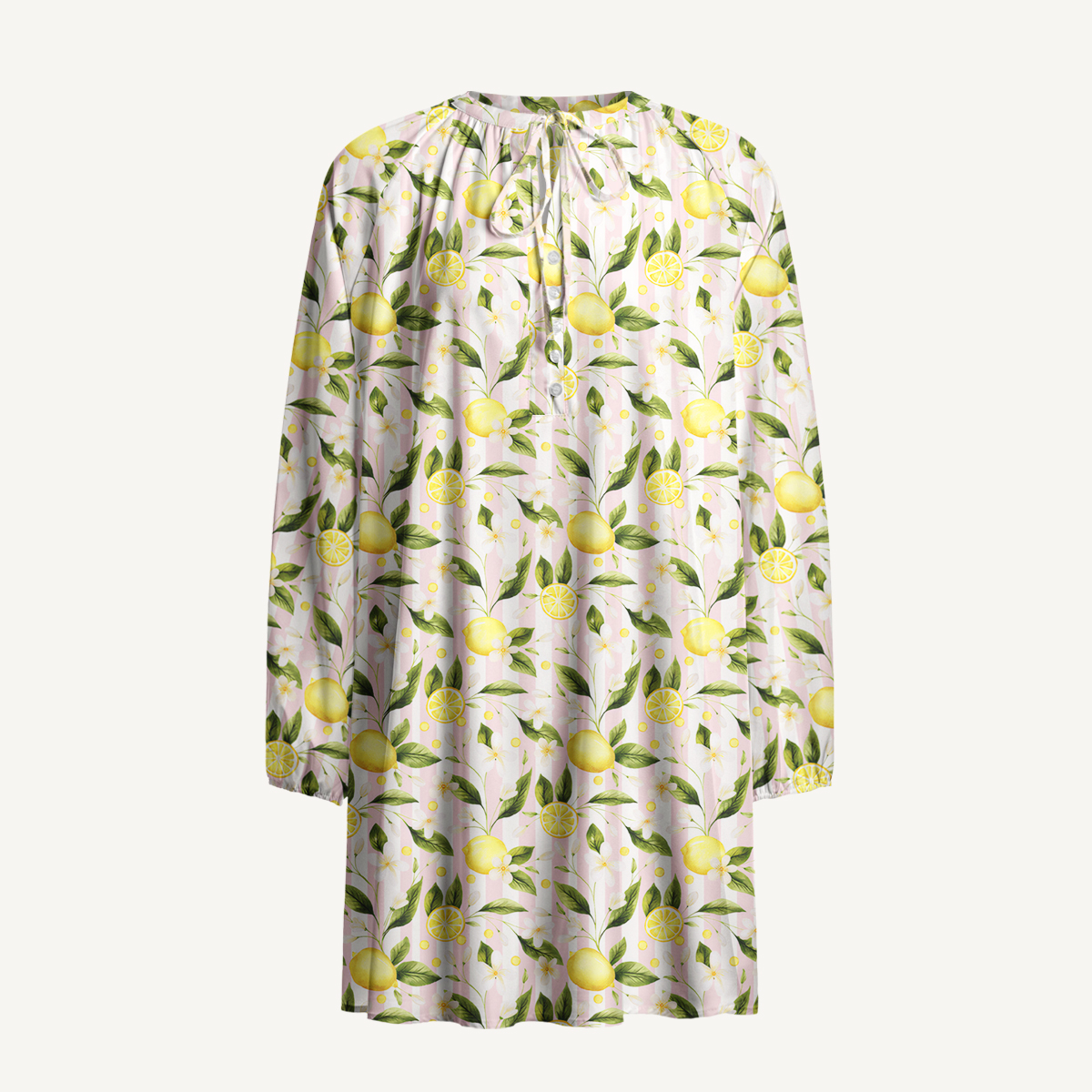 Lemon Grove Sunshine Print Boho Tie‑Neck Smock Mini Dress
