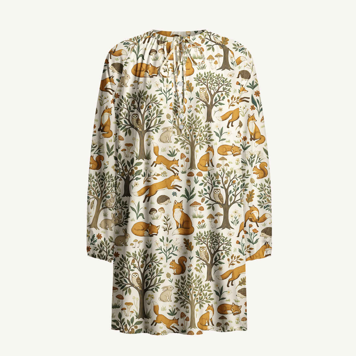 Woodland Creatures Print Boho Tie‑Neck Smock Mini Dress