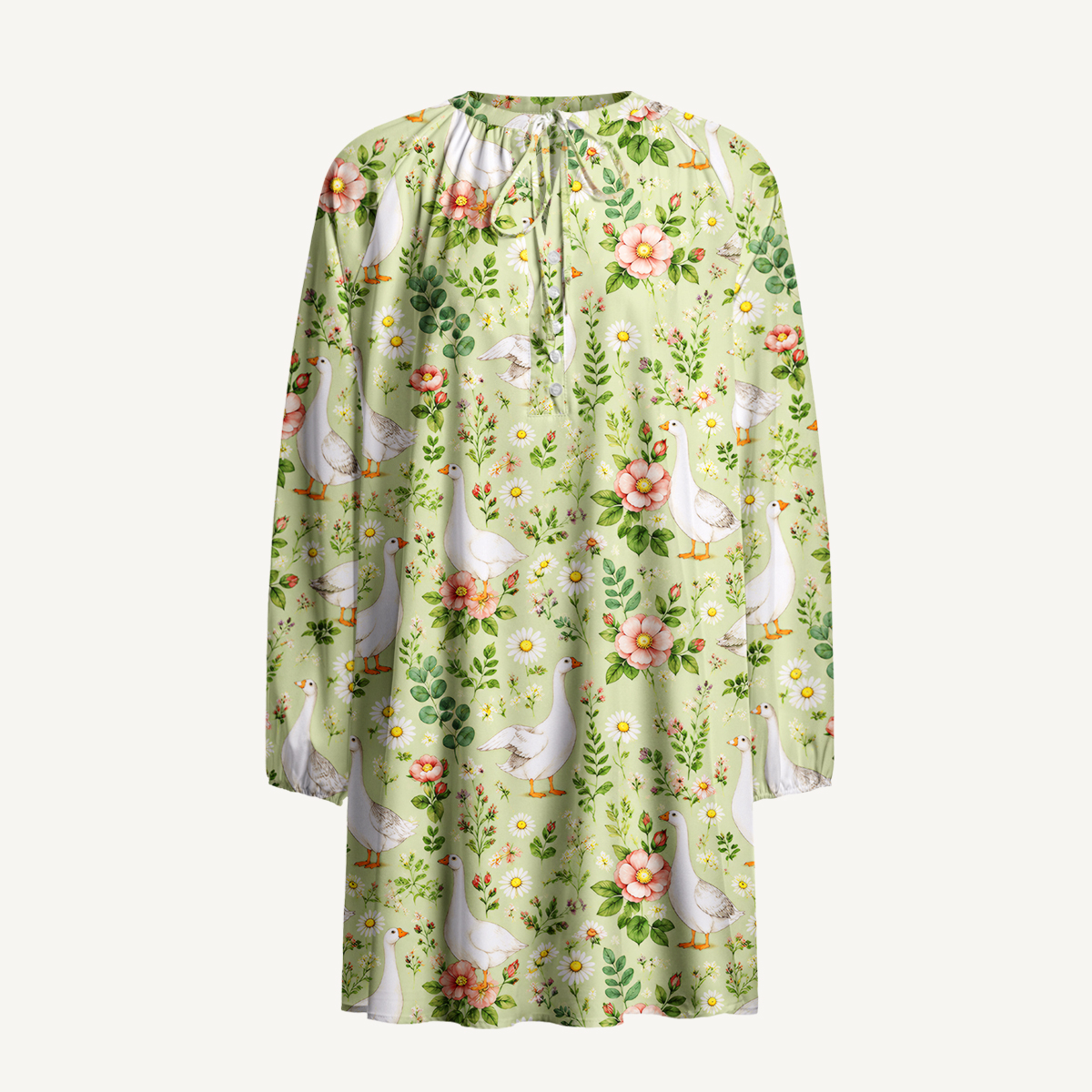 Pastoral Goose Garden Print Boho Tie‑Neck Smock Mini Dress