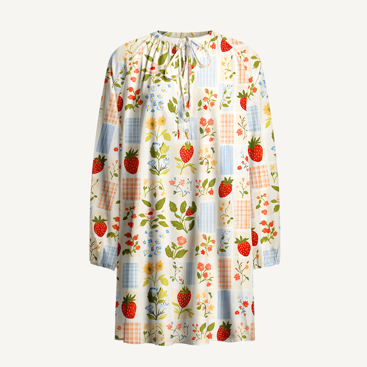 Strawberry Garden Patchwork Print Boho Tie‑Neck Smock Mini Dress
