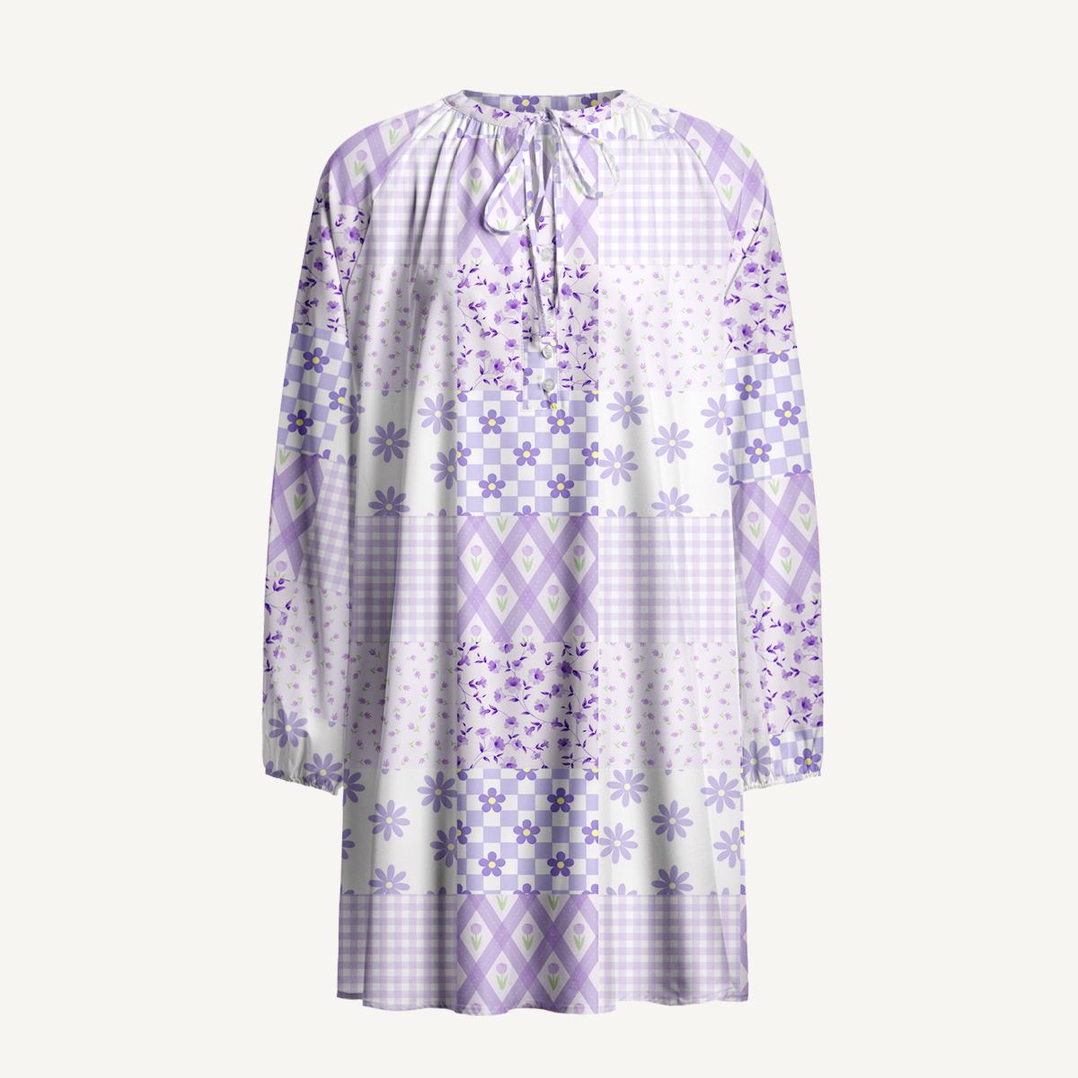 Lavender Daisy & Gingham Print Boho Tie‑Neck Smock Mini Dress