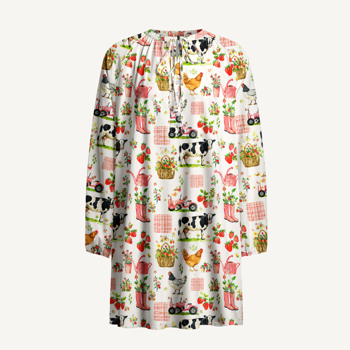 Watercolor Pink Farm Chicken Print Boho Tie‑Neck Smock Mini Dress