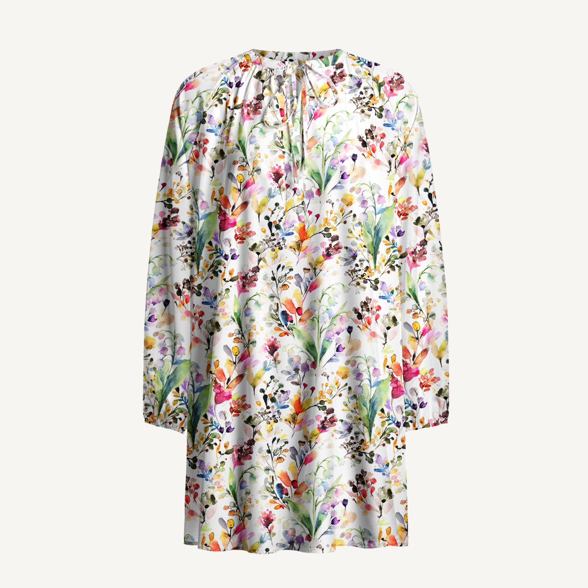 Watercolor Wildflower Garden Print Boho Tie‑Neck Smock Mini Dress