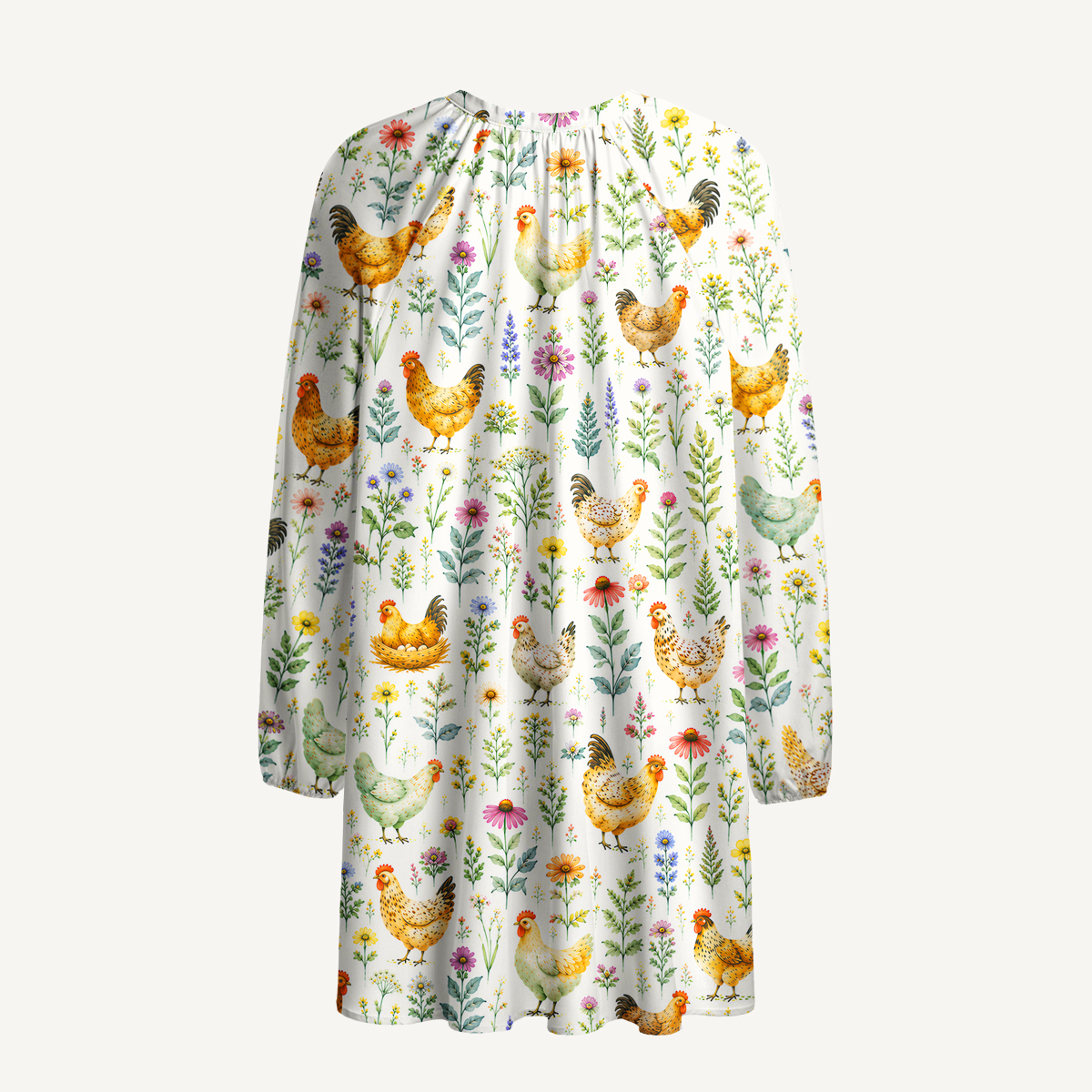 Watercolor Chickens Leaves Print Boho Tie‑Neck Smock Mini Dress