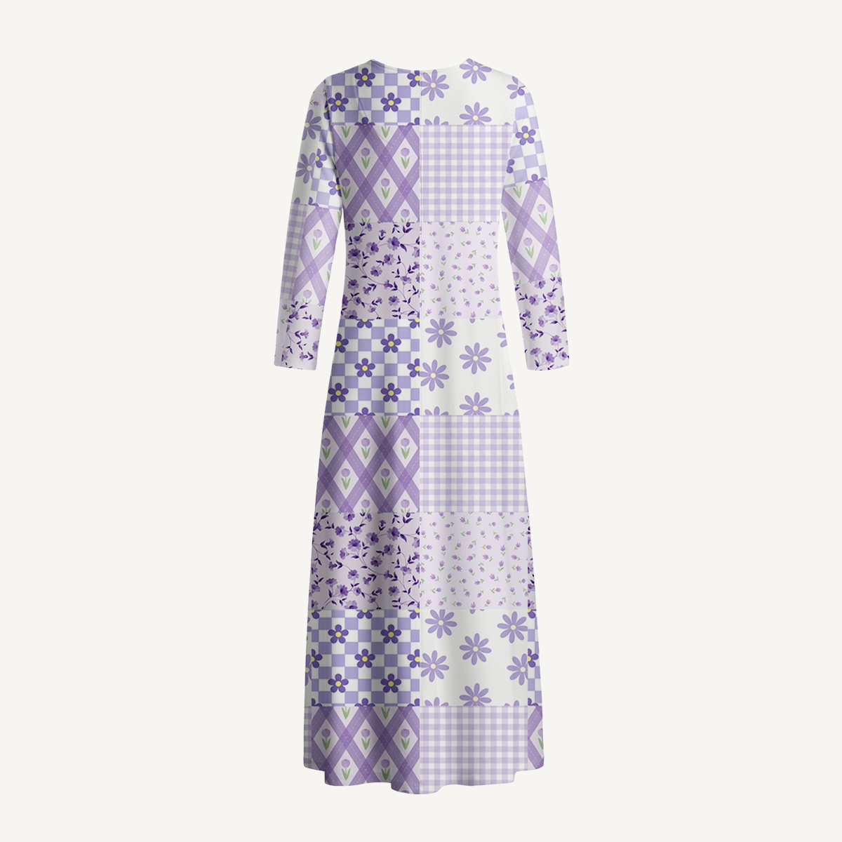 Lavender Daisy & Gingham Print Soft-Touch Stretch Knit Long Sleeve Maxi Dress with Pockets
