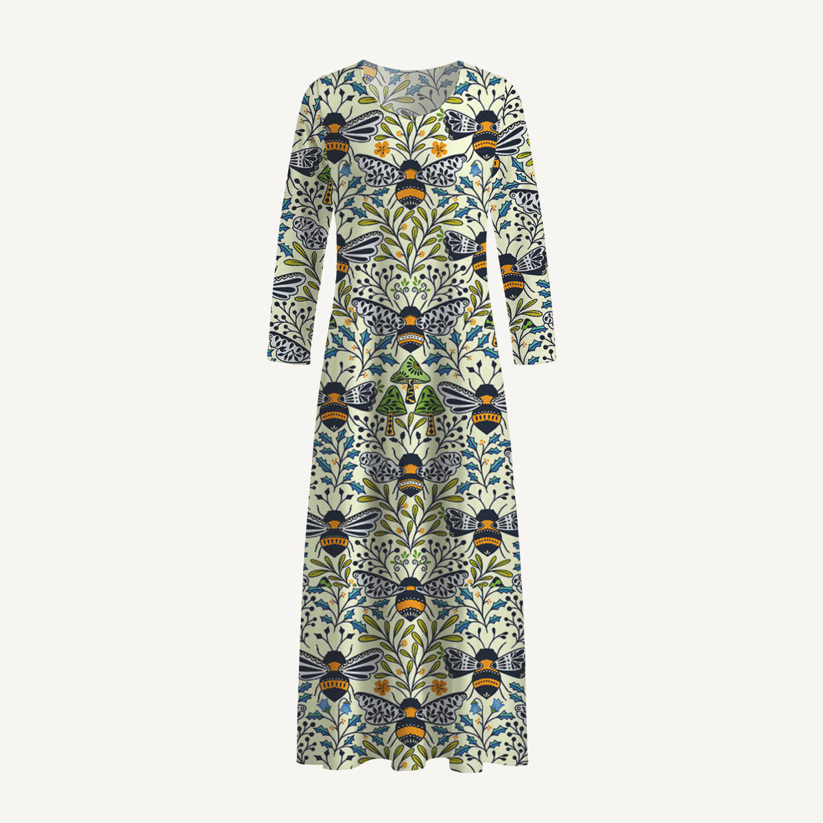 Botanical Bee Garden Print Soft-Touch Stretch Knit Long Sleeve Maxi Dress with Pockets