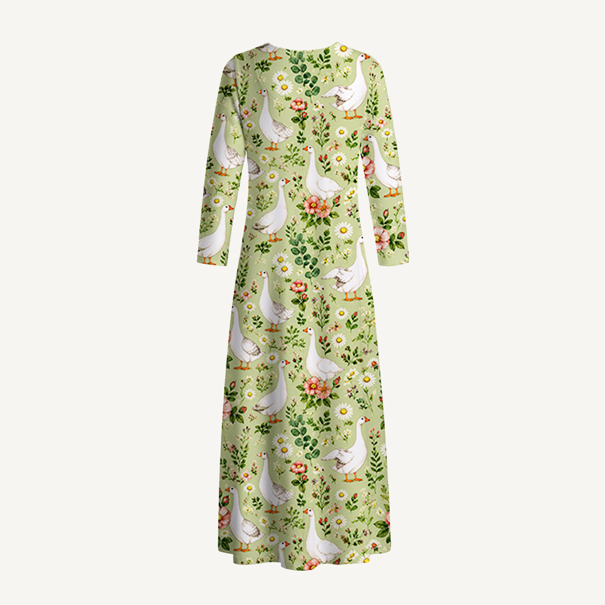 Pastoral Goose Garden Print Soft-Touch Stretch Knit Long Sleeve Maxi Dress with Pockets