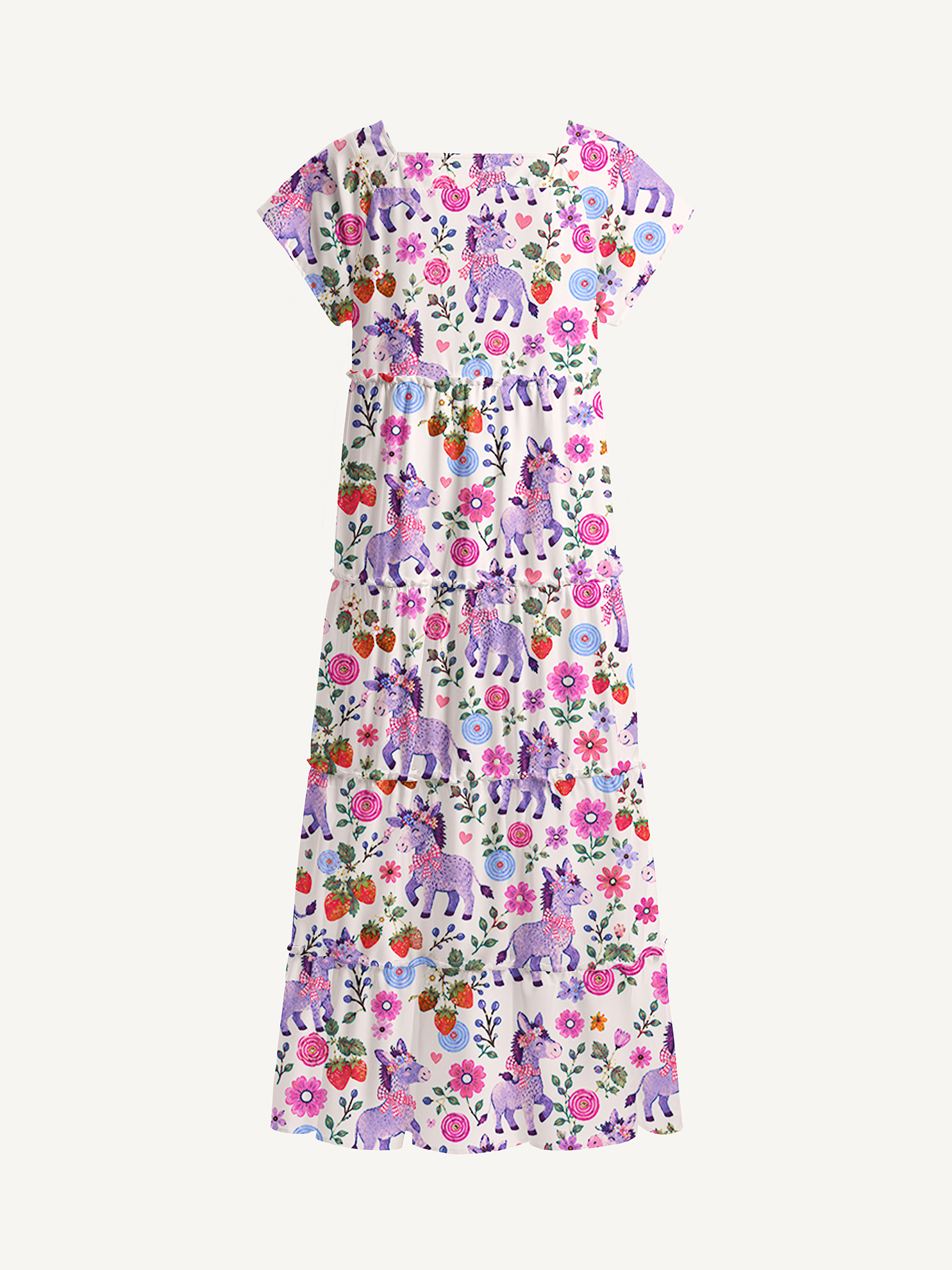 Strawberry Blossom Donkeys Square Neckline Cap Sleeve Maxi Dress