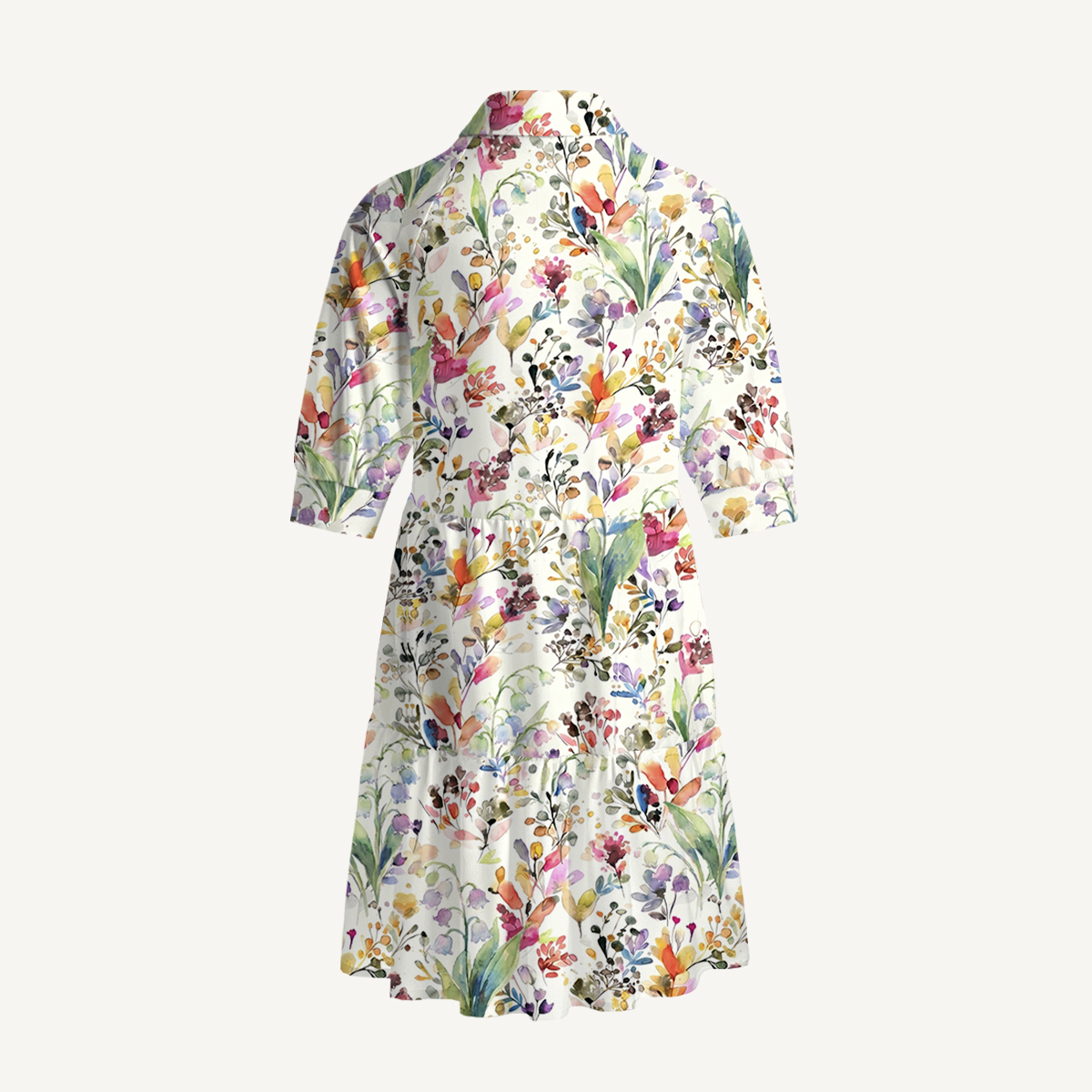 V Neck Collared Watercolor Wildflower Garden Mini Dress For Women With Pockets